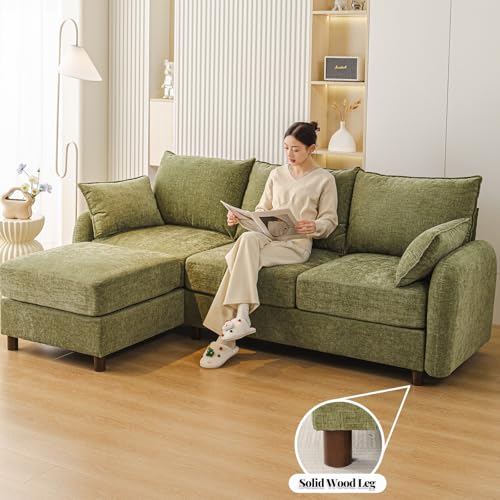 86'' Sectional Couches,with Movable Chaise Lounge,Chenille,Green | L Shaped Couch,Comfy 3 Seats Sofa with Thick Cushion,Wood Legs,2 Throw Pillows,Sectional for Living Room,Bedroom,Apartment - size: 86'' L Shaped Sofa
