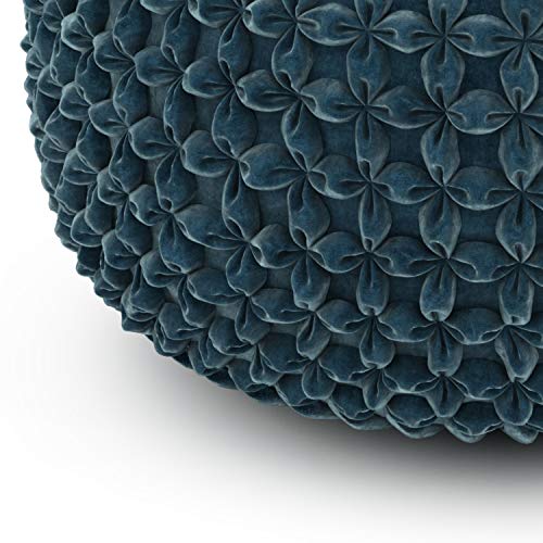 SIMPLIHOME Renee 20" Wide Round Pouf in Teal Velvet | Boho footstool, extra seating for home living room or bedroom with button-tufted pleated design, assembled; pouf ottoman. - color: Teal, style: Pouf