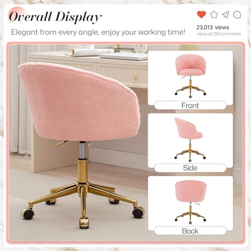 Faux Fur Makeup Vanity Chair,Home Office Desk Chair with Wheels, Blue | Fluffy Swivel Modern Armchair Upholstered Fuzzy Height Adjustable for Teens Women Girls Elegant for Living Room Bedroom - color: Round Pink+golden Base