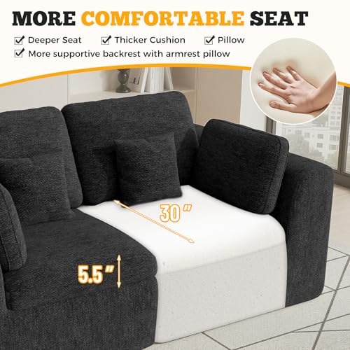 Luxanimarion 85'' Loveseat Sofa, Cloud Boneless Couches for Living Room, 2 Seater Modular Sectional Sofa,Oversized,Black Chenille - color: Black, size: Love Seat