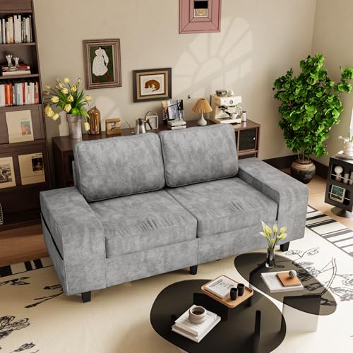 71" Chenille Loveseat Couch, 2 Seater Retro Sofa with 4 Side Pockets, Removable and Washable Cushions,Mid Century Modern, Living Room, Bedroom, Apartment (Light Grey) - color: Light Grey Chenille, size: 71 "