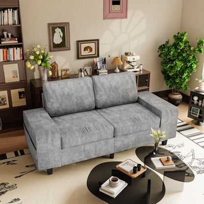 71" Chenille Loveseat Couch, 2 Seater Retro Sofa with 4 Side Pockets, Removable and Washable Cushions,Mid Century Modern, Living Room, Bedroom, Apartment (Light Grey) - color: Light Grey Chenille, size: 71 "