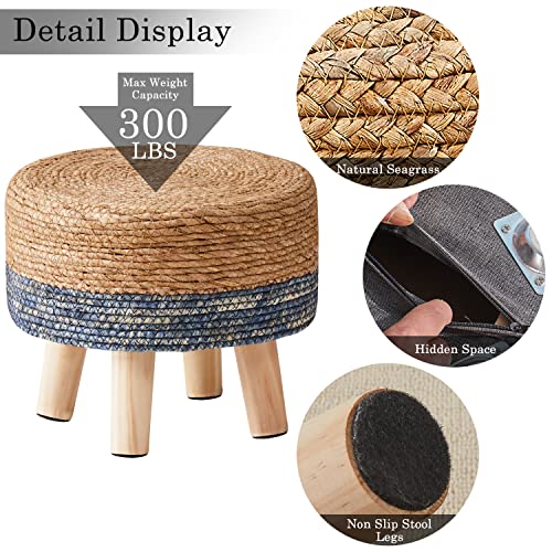 Cpintltr Foot Stool Natural Seagrass Hand Weave Poufs Round Ottoman for Couch Desk Soft Step Stool Padded Foot Rest with Non-Skid Pine Legs for Hallway Office Lounge Natural/Blue - color: Blue