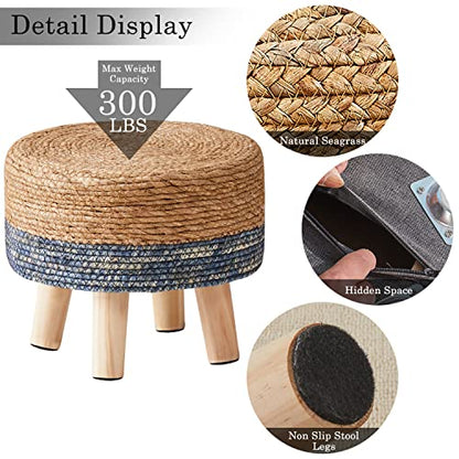 Cpintltr Foot Stool Natural Seagrass Hand Weave Poufs Round Ottoman for Couch Desk Soft Step Stool Padded Foot Rest with Non-Skid Pine Legs for Hallway Office Lounge Natural/Blue - color: Blue