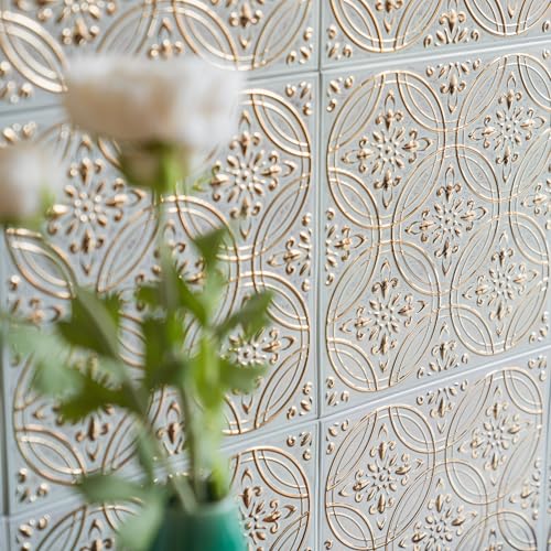 Peel and Stick Metal Tiles, Pastel Painted Gold, 10-Pack | 8 x 8 in tile size; Covers up to 4.44 sq ft; Aluminum; Water-resistant surface; For kitchens, ceilings, DIY projects - style: Pastel Painted Gold