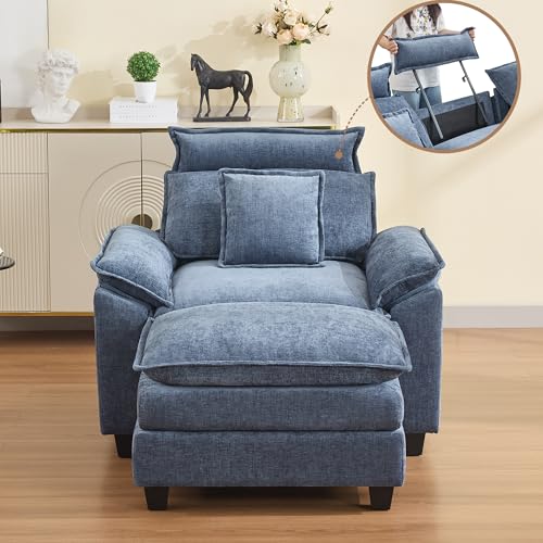 46''Cloud Oversized Sofa Chair with Detachable Headrest, Upholstered Comfy Arm Accent Chair with Ottoman,Modern Chenille Reading Lounge Armchair for Living Room,Bedroom, Blue - color: Blue, size: Oversized Chair with Ottoman