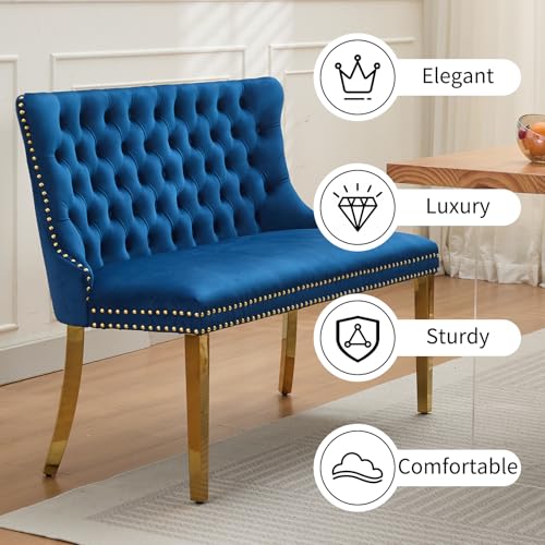 Blue Velvet Dining Bench with Back, Tufted Banquette Seating, Gold Legs | Upholstered loveseat bench; tufted back; nailhead trim; 500 lb capacity; foam and spring seat; dining room or entryway - color: Blue(gold Stainless Steel Legs)