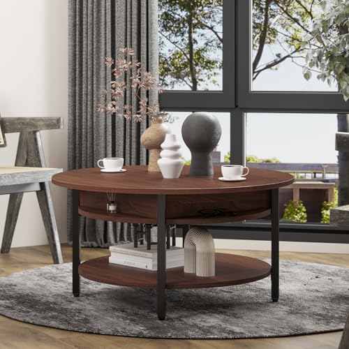 FABATO 26.77” Round Lift Top Coffee Table with Storage, Espresso | Farmhouse Coffee Table, 2 Tier Small Round Center Table, Center Table for Living Room, Circle Dining Table - color: Espresso