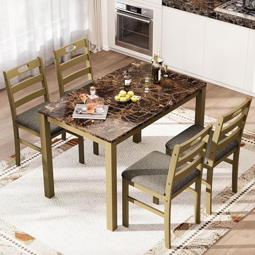 PHI VILLA Dining Table Set for 4, Marble Design Kitchen Table and Chairs | Marble Tabletop, Solid Rubber Wood, Padded Cushion Chairs, Space Saving, Easy Assembly, Olive - color: Emperador Dark Marble& Olive