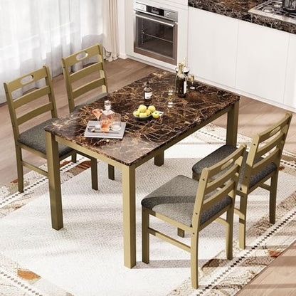 PHI VILLA Dining Table Set for 4, Marble Design Kitchen Table and Chairs | Marble Tabletop, Solid Rubber Wood, Padded Cushion Chairs, Space Saving, Easy Assembly, Olive - color: Emperador Dark Marble& Olive