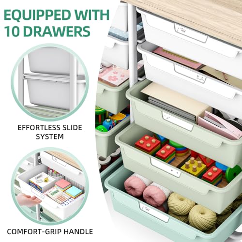 10 Drawer Rolling Storage Cart with Wood Top for Classroom Crafts Green | Easy Setup, Large Capacity, Sturdy Build, Lockable Mobility, For office, classroom and home supplies - color: Green