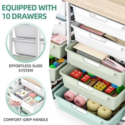 10 Drawer Rolling Storage Cart with Wood Top for Classroom Crafts Green | Easy Setup, Large Capacity, Sturdy Build, Lockable Mobility, For office, classroom and home supplies - color: Green