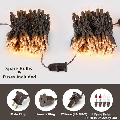 ODEETRONIC Steady & Blink Clear Lights, 21.63ft 100 Count Incandescent Christmas Lights, UL Certified Connectable Tree Light Warm White, 2 Mode Mini Light for Indoor Outdoor Xmas Party, Brown Wire | Steady & blink; Waterproof; UL certified connectable plu