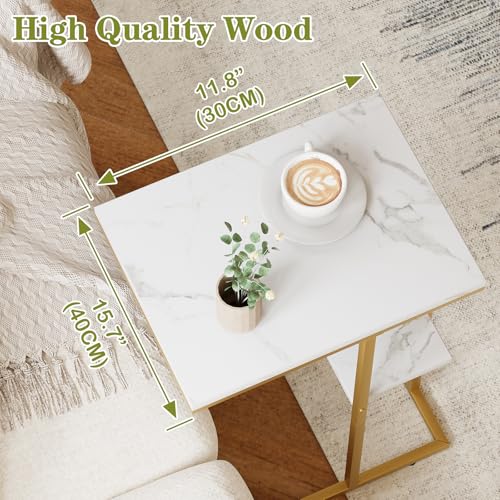 C Shaped End Table, Couch Side Table that Slide Under | TV Trays for Eating on Couch, Narrow Sofa Tables for Small Space Living Room, Bedroom, White + Gold - color: White Marble+gold