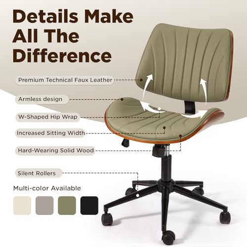 EROMMY Armless Office Desk Chair,Wooden Back Small Office Desk Chair No Arms Adjustable Height Modern Armless Chairs with Swivel Wheels for Small Spaces,Green - color: Green