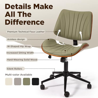 EROMMY Armless Office Desk Chair,Wooden Back Small Office Desk Chair No Arms Adjustable Height Modern Armless Chairs with Swivel Wheels for Small Spaces,Green - color: Green