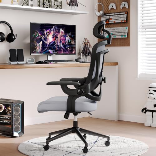 DUMOS Executive Home Office Chair, Ergonomic Computer Desk Chair, Mesh | 300 LBS, High Back, 2D Headrest, Adjustable Lumbar Support, Flip-up Armrests, Swivel Wheels, Classic Gray - color: Classic Gray
