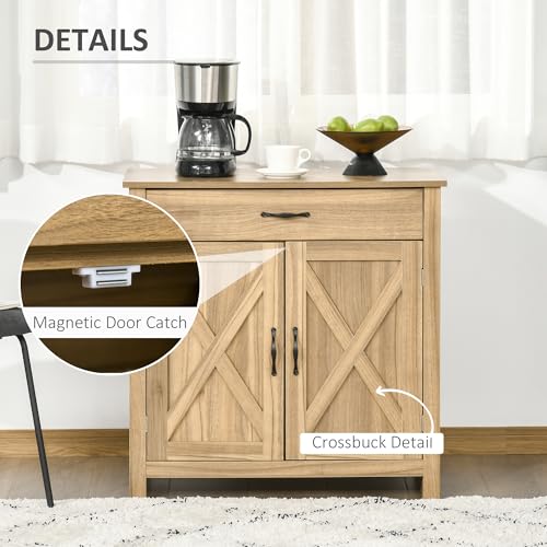 HOMCOM Farmhouse Sideboard Buffet Cabinet Barn Door Natural Wood Effect | Coffee Bar Cabinet, Drawer, Adjustable Shelf, Kitchen, Living Room, Entryway - color: Natural Wood Effect
