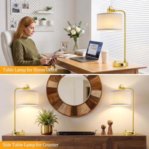 Gold Table Lamp Set of 2, USB A+C, 180° Adjustable Bedside Lamps, Dimmable | Bare Bulb Compatible, Industrial Nightstand Lamp with Linen Lampshade, LED Bulbs Included, Desk Lamp for Bedroom, Living Room - color: Gold-A