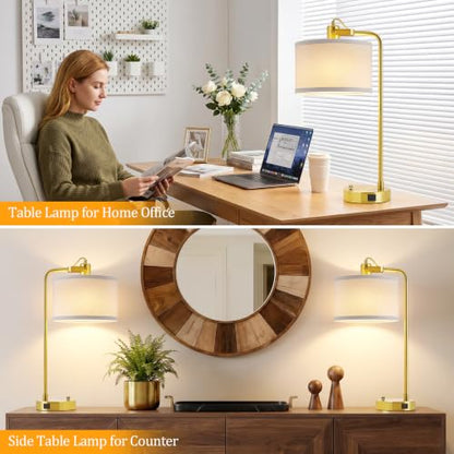 Gold Table Lamp Set of 2, USB A+C, 180° Adjustable Bedside Lamps, Dimmable | Bare Bulb Compatible, Industrial Nightstand Lamp with Linen Lampshade, LED Bulbs Included, Desk Lamp for Bedroom, Living Room - color: Gold-A