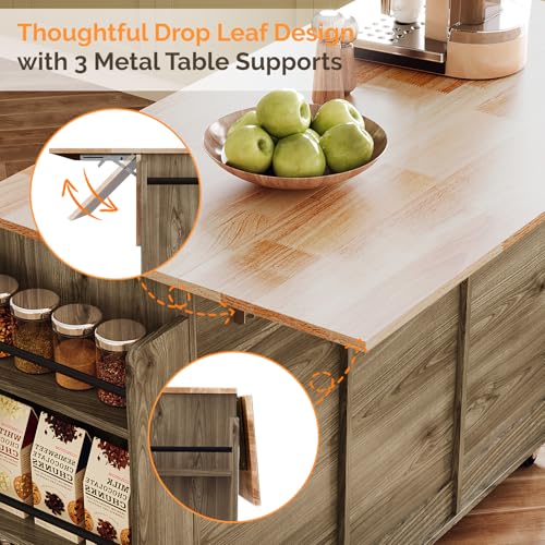 VINGLI Kitchen Island with Storage, 52" Rolling Kitchen Cart with 3 Drawers & Shelves, Drop Leaf Design, Mobile Island with Barn Doors, Towel & Spice Rack for Kitchen & Dining, Grey Brown Oak - color: Grey Brown 2-box