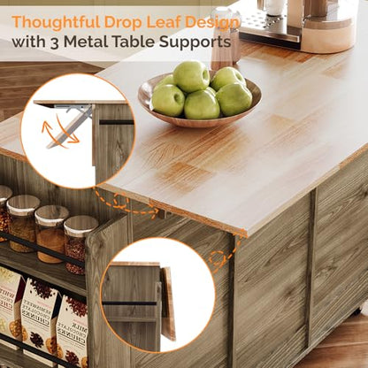 VINGLI Kitchen Island with Storage, 52" Rolling Kitchen Cart with 3 Drawers & Shelves, Drop Leaf Design, Mobile Island with Barn Doors, Towel & Spice Rack for Kitchen & Dining, Grey Brown Oak - color: Grey Brown 2-box