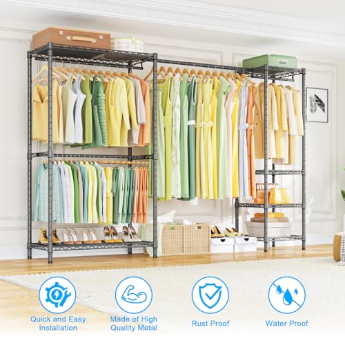 E10 Clothes Rack（With Stretchable Hanger Rod）Freestanding Clothing Racks for Hanging Clothes，Adjustable Closet Organizer System，Portable Garment Rack 73-97" W x 15" D x 72" H，Max Load 800LBS，Grey - color: Grey