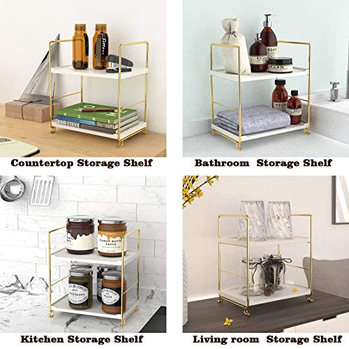 2-Tier Kitchen Spice Rack - Freestanding Stackable Bathroom Countertop Storage Shelf - Cosmetic Organizer Holder- Square Standing Rack (Golden) - color: Golden