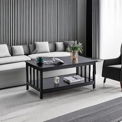 ChooChoo Mission Coffee Table, Black Wood Living Room Table with Shelf, 40 Black - color: Black, size: 22"D x 39.9"W x 18.1"H