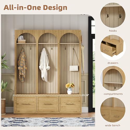 JIVOIT Farmhouse Hall Tree with Three Arched Design, All-in-One Design Wooden Coat Rack & Shoe Organizer with 3 Drawers, 59" Wide Entryway Bench with 8 Retro Hooks for Mudroom, Living Room - color: Oak//538