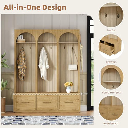 JIVOIT Farmhouse Hall Tree with Three Arched Design, All-in-One Design Wooden Coat Rack & Shoe Organizer with 3 Drawers, 59" Wide Entryway Bench with 8 Retro Hooks for Mudroom, Living Room - color: Oak//538