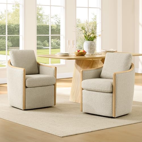 CHITA Upholstered Dining Chairs Set of 2 with Hidden Casters, Oatmeal | Fully Assembled Modern Dining Chair with Backrest & Wood Armrest, Chenille Barrel Chairs for Dining Room, Kitchen Chairs - color: Oatmeal, size: set of 2