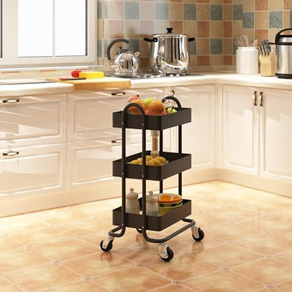 Metal Rolling Cart,3-Tier Metal Rolling Cart with Wheels,3 Tier Utility Cart with Wheels for Office,Home,Kitchen,Garden（13.4"x18.1"x31"） Black - color: Black, size: 31"H