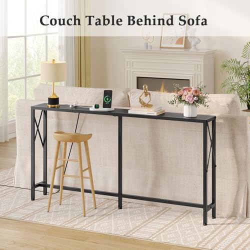 Gewudraw Narrow Console Table with Socket, Sofa Table Behind Couch, Black | 55.1" Couch Table, Industrial Style, Long Skinny Design,For Hallway,Living Room,Bedroom, Built-In Outlets & USB,140cm Length - color: Black, size: 55.1 in