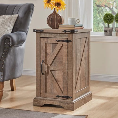 Farmhouse 17" Nightstand with Charging Station, Light Brown | Rectangular/ Rustic End Table with Barn Door /Adjustable Shelf/ Wood Sofa Side Table/ for Living Room, Bedroom - color: Light Brown Color