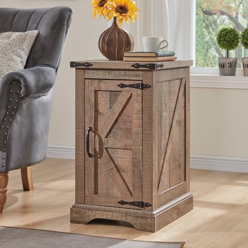 Farmhouse 17" Nightstand with Charging Station, Light Brown | Rectangular/ Rustic End Table with Barn Door /Adjustable Shelf/ Wood Sofa Side Table/ for Living Room, Bedroom - color: Light Brown Color
