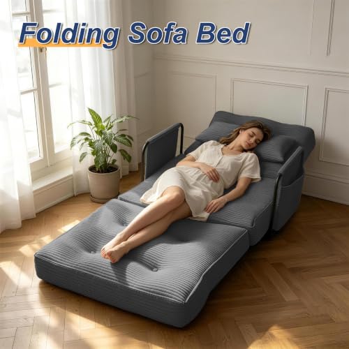 Futon Sofa Bed,Convertible Sofa Bed,Folding Boneless Couches | 3-in-1 Folding Sofa Bed,Boneless Couches for Living Room with Pillow & Side Pocket,High-density Foam,Single Sleeper,Grey - color: Dark Grey, size: Single