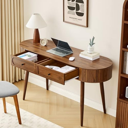59" Wood Writing Desk, Laptop Desk with Drawer, Vanity Table Study Desk | Mid-Century Writing Desk, Walnut Laptop Desk with 2 Flip Storage and Drawers, 150 CM Elegant Fluted Desk for Office, Bedroom - color: Walnut-59 Inch