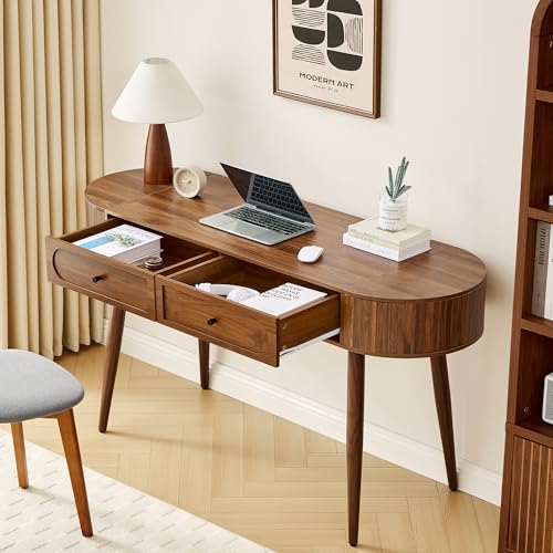 59" Wood Writing Desk, Laptop Desk with Drawer, Vanity Table Study Desk | Mid-Century Writing Desk, Walnut Laptop Desk with 2 Flip Storage and Drawers, 150 CM Elegant Fluted Desk for Office, Bedroom - color: Walnut-59 Inch