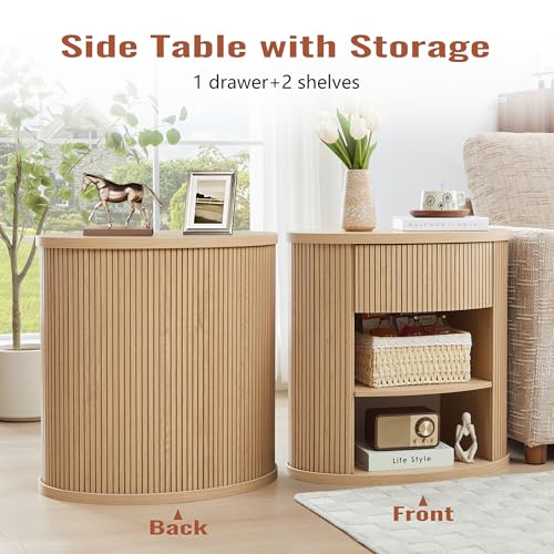 Fluted End Table with Drawer, Boho Side Table with Storage, Mid Century Modern Nightstand for Bedroom Bedside, Living Room Couch Sofa, Office, Desk Side Table for Small Spaces - color: Oval-natural