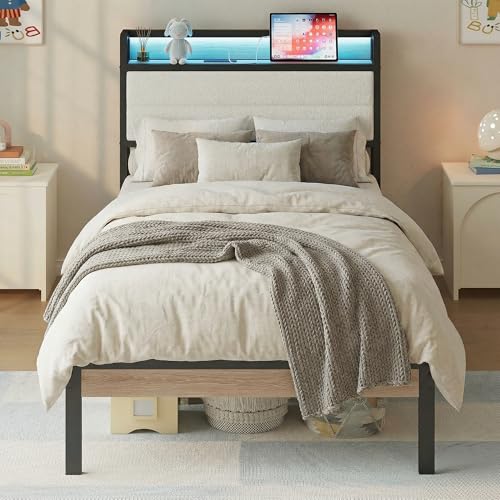 LIKIMIO Twin Bed Frame with Headboard, LED Lights and Charging Station | Upholstered sherpa storage headboard with LED & charger; heavy-duty slats; noise-free; modern elegance; natural and cream - color: Natural and Cream, size: Twin