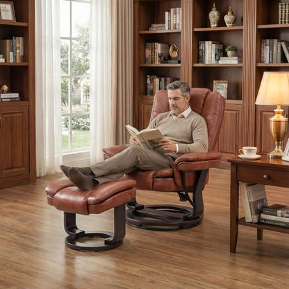 Swivel Recliner Chair with Ottoman Reclining Lounge Sofa Footrest, Set of 1 | 360°Sturdy Wood Base, Soft Faux Leather, Upholstered Ultra-Plush Foam, Modern Armchair, Living Room Bedroom Office Reading - color: Brown, size: Set of 1