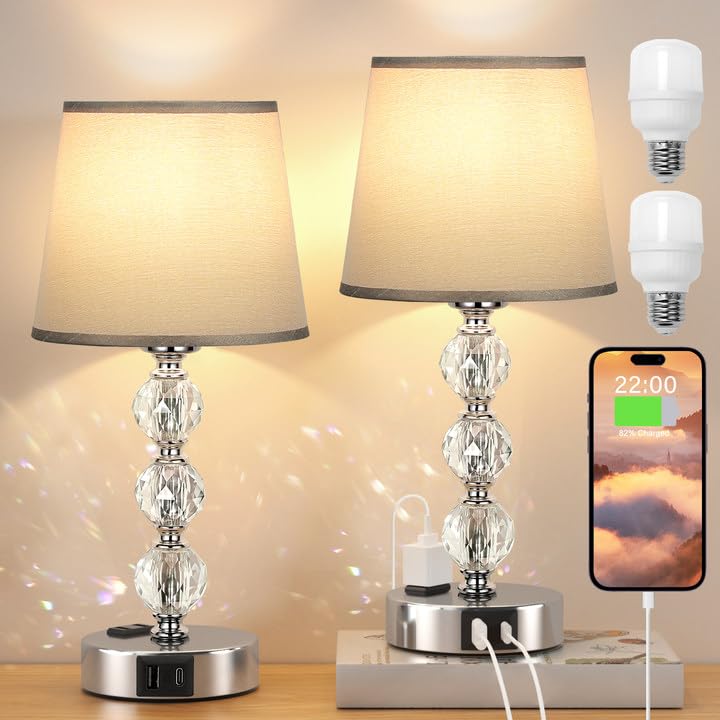 Crystal Table Lamp Set of 2 for Bedroom/Living Room, 14.6in (Gray) | 3 Way Dimmable Touch Control, Bedside Nightstand Light, USB C & A Ports, Metal Base, FREE Bulbs Included, Modern Design
