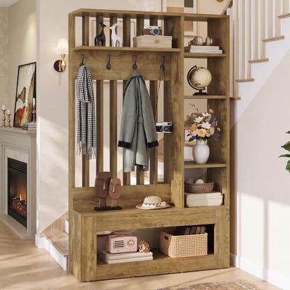 Tribesigns Wall Room Divider with Shelves and Coat Hooks, 5-in-1 Divider | Entryway Bench with Coat Rack, 4 Hooks, Freestanding Room Partition for Home & Office, Brown (39.37" W x 11.8" D x 70.87" H)