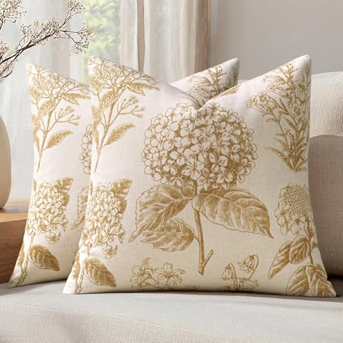 Set of 2 Decorative Floral Pillow Covers 18x18 Inch Light Yellow | Neutral Hydrangea Print, Boho Vintage Throw Cushion Covers, Cottagecore Home Decor, for Sofa Couch Porch Bedroom Living Room - color: Light Yellow, size: 18" x 18" (Pack of 2)