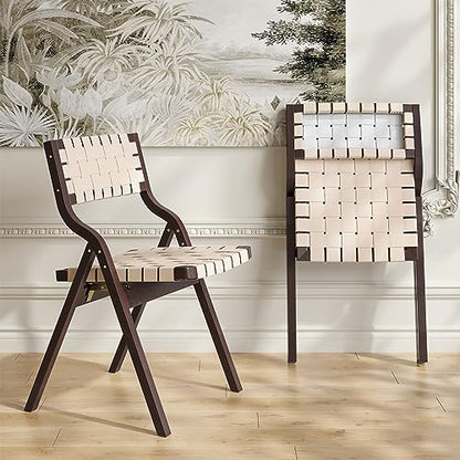Wood Folding Chairs, Foldable Chairs Wooden Indoor Stackable Dining Chairs for Kitchen & Dining Room Chair Woven Seat & Webbing Back, Dining Chair Set of 2 - color: Brown Walnut/Beige, Pu Leather