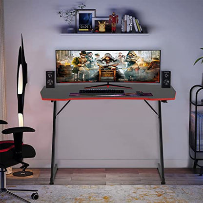 BestOffice | 47" Gaming Table | Red | Z-Shaped Computer Desk | with Steel Frame, Headphone Hook, Adjustable Feet | Carbon Fiber Texture| Easy to Clean | for Gaming, Home Office - color: Red, size: 47 Inch Z Shaped