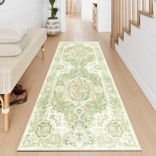 Boho Vintage Area Rug 2x6 Rug for Hallway,Green Washable Runner | Low Pile Non Slip Rug for Entryway Hallway Bedroom, Small Decorative Carpet, Light Pink Floral - color: Boho Pink Green, size: 2'x6'