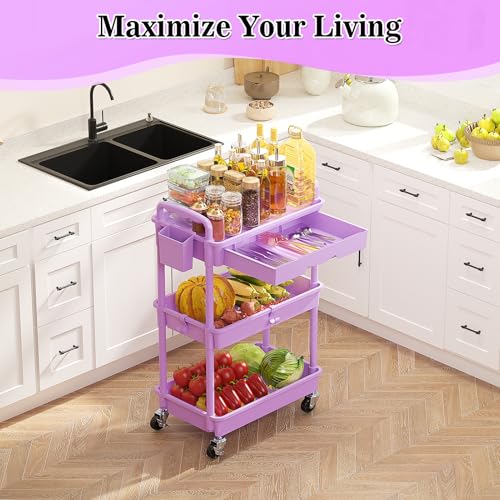 SUNALLY 3 Tier Rolling Cart with Drawer,Craft Storage Cart Organizer,Purple | Bathroom Storage Organizer with 2 Lockable Wheels, Rolling Utility Cart for Kitchen, Office, Baby, Makeup, Nail,Snack,Laundry - color: Purple, size: 3 Tier