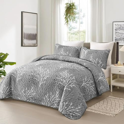 DJY Grey Quilt Set Queen Size - Branch Botanical Bedspread Coverlet Set | 3 Pieces Gray Floral Quilt Bedding Set, Soft Lightweight Microfiber Reversible Summer Quilt Set, 96''x90'' - color: Grey, size: Queen